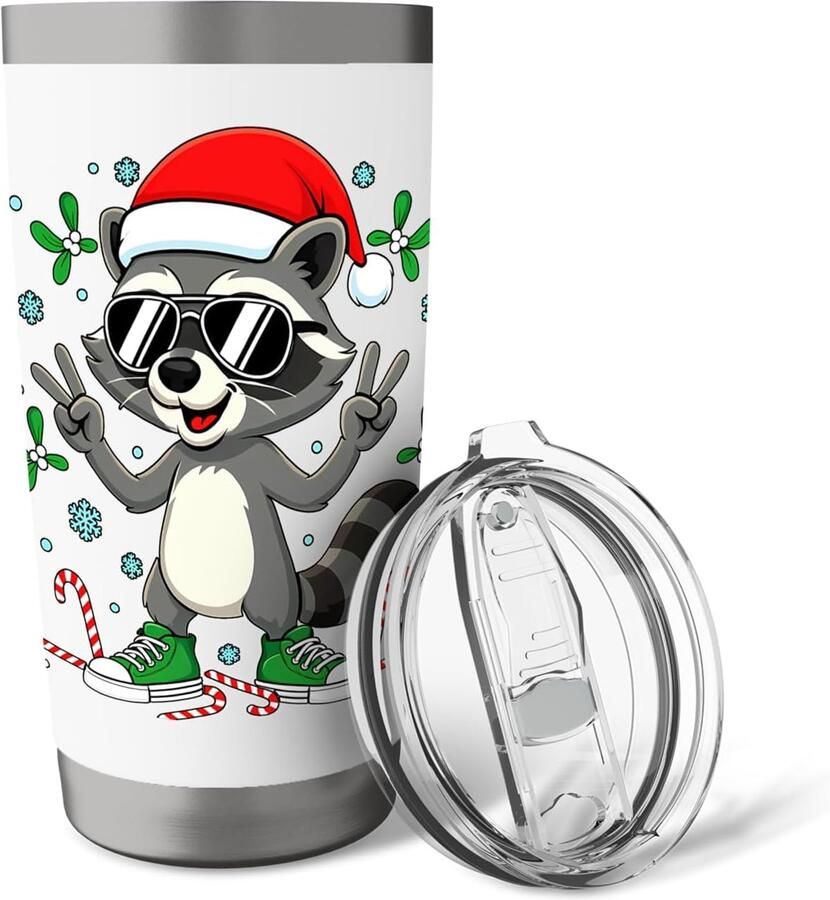 Thermobeker met vredesteken wasbeer en kerstthema