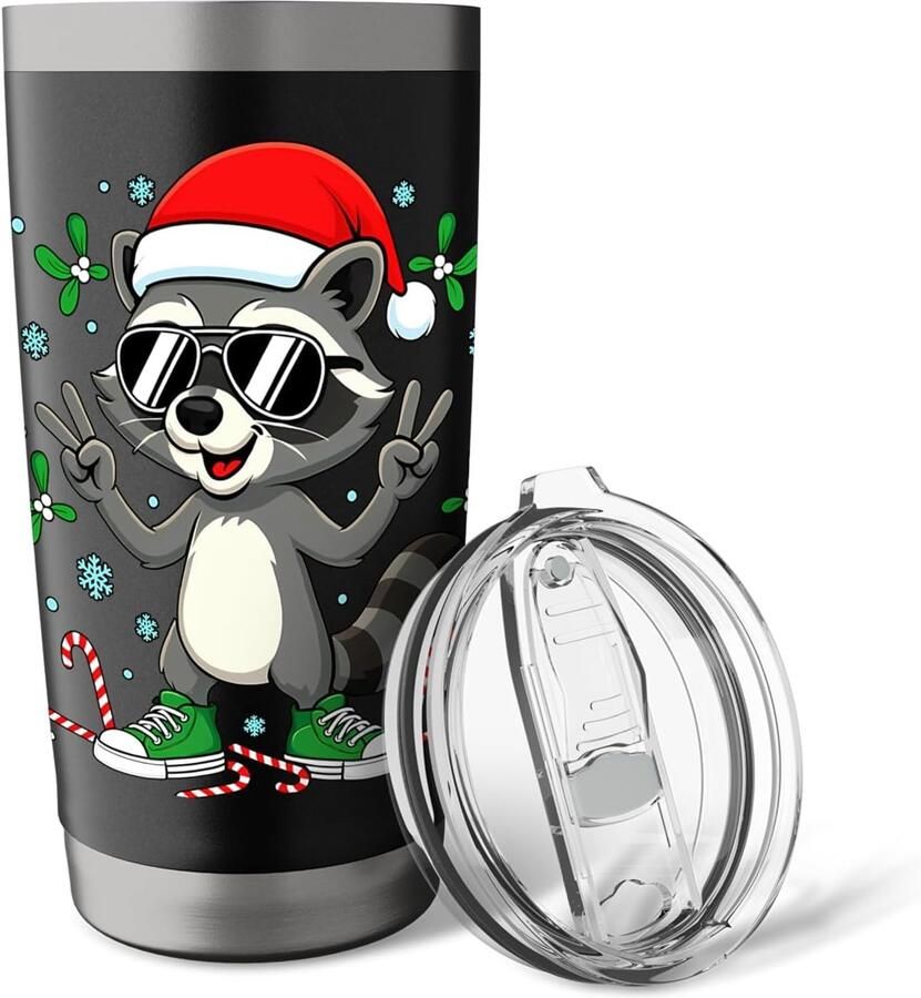 Thermobeker met vredesteken wasbeer en kerstthema