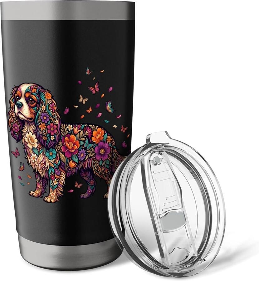 Thermosbeker met bloemen vlinders en Cavalier King Charles Spaniels