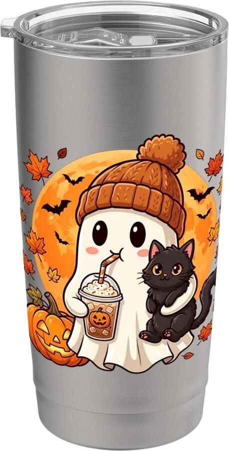 Thermosbeker met Halloween-spook zwarte kat en pompoen