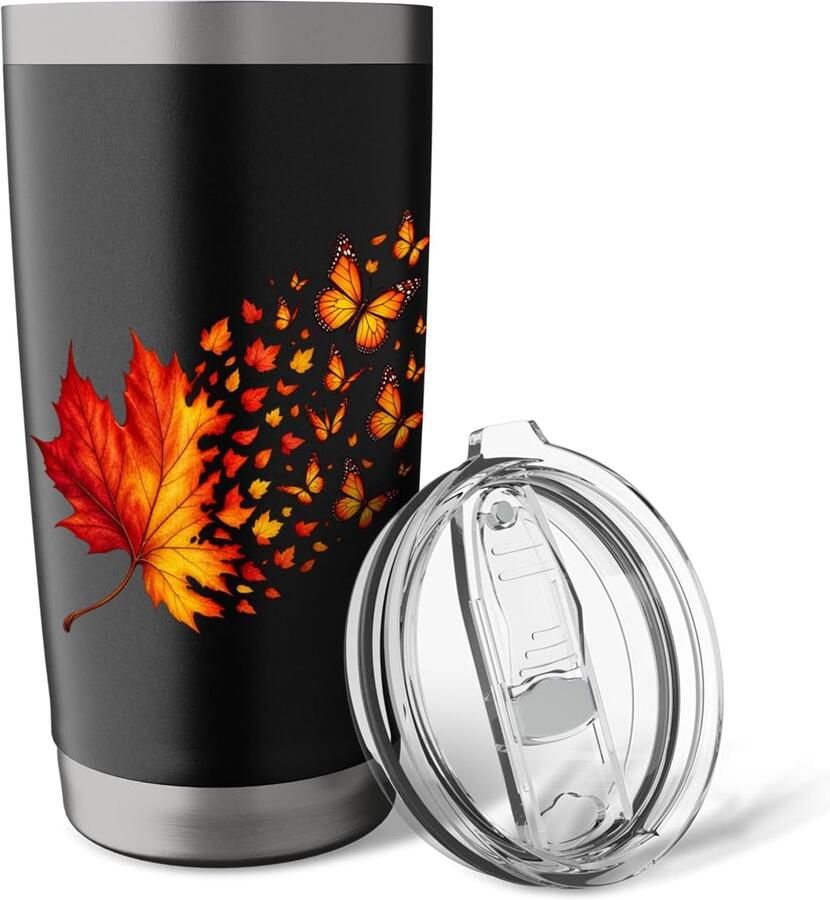 Thermosbeker met herfstbladeren en vlinders