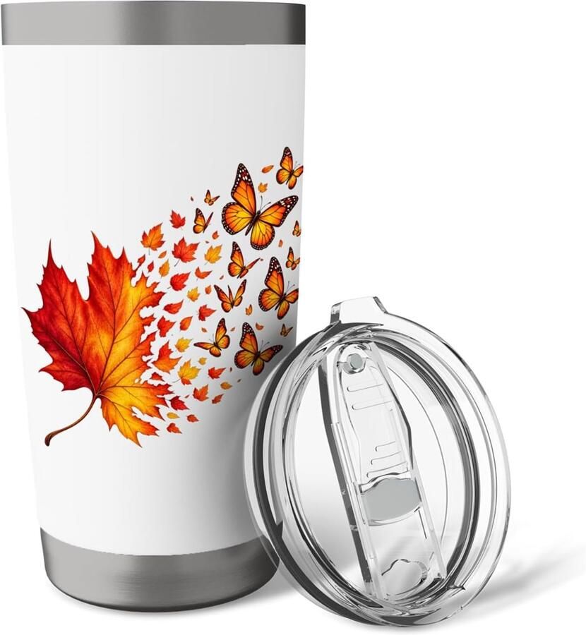 Thermosbeker met herfstbladeren en vlinders