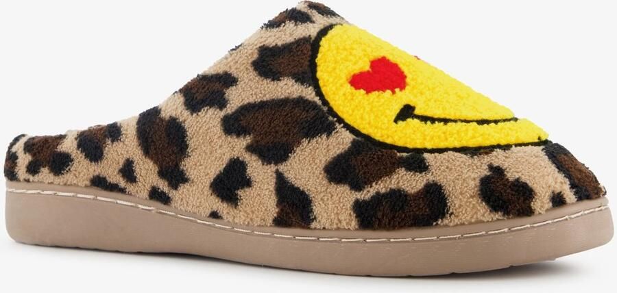 Thu!s dames instap pantoffels met panterprint en een smiley bruin Sloffen