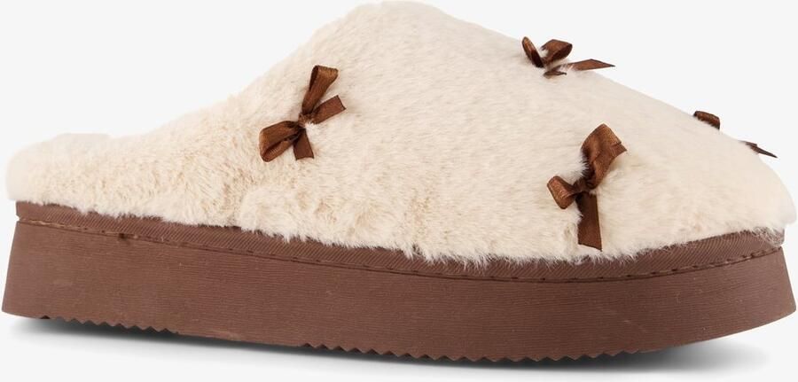 Thu!s dames instap pantoffels met strikjes beige bruin Sloffen