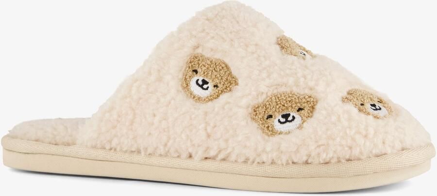 Thu!s dames teddy instap pantoffels met berengezichtjes Beige Sloffen
