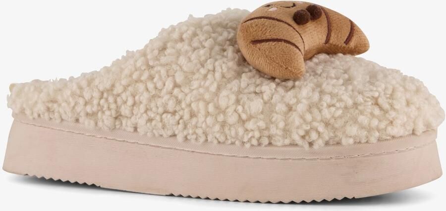 Thu!s dames teddy instap pantoffels met croissaint beige Sloffen