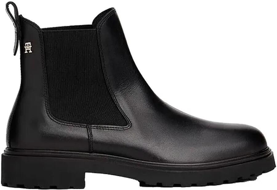 Tommy Hilfiger Chelsea-boots TH LEATHER CLEATED CHELSEA blokhak enkellaarsjes instaplaarzen tweezijdig stretchinzet