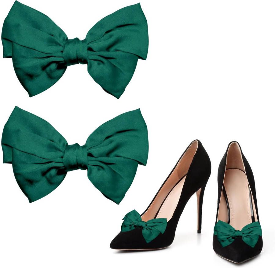 Trankielo Set van 2 Groene Satijnen Strik Schoenclips Afneembare Elegante Schoendecoratie Geschikt voor Bruiloften en Feesten Compatibel met Hoge Hakken en Platte Sandalen