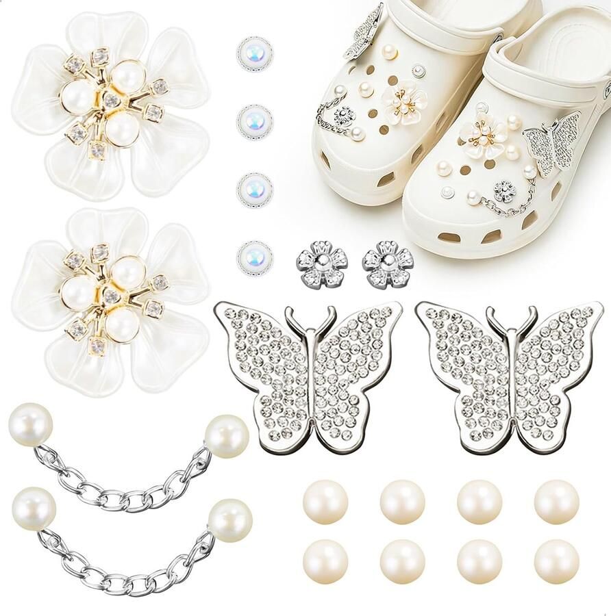 Trankielo 20 Crocs bedels met parelkettingen en vlinders Sieraden voor dames en meisjes Afneembare accessoires