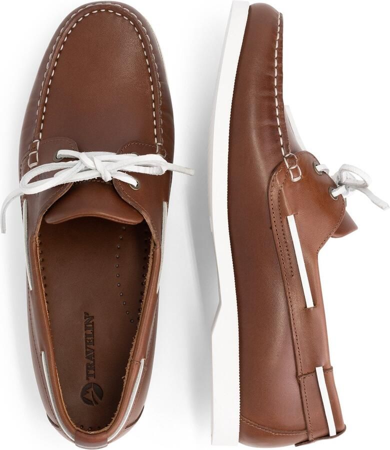 Travelin ' Exmouth Heren Leren Moccasins met veter Bootschoenen Instappers Cognac Bruin Leer - Foto 4