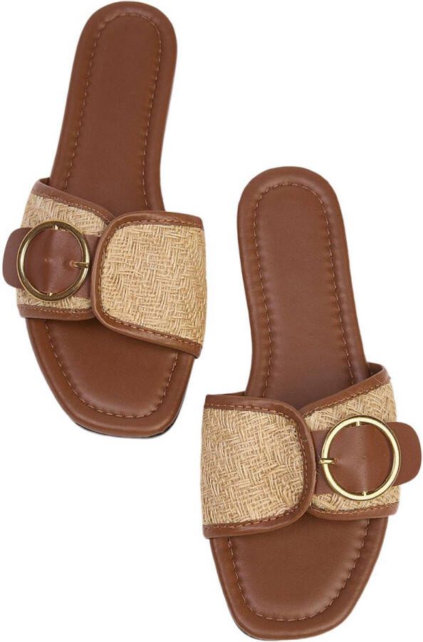 TRENDYOL SHOES Bruine Damespantoffels Met Gesp En Details Van Stro Takss25Te00064
