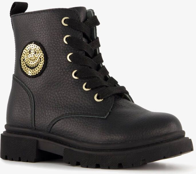 TwoDay leren meisjes veterboots zwart met smiley