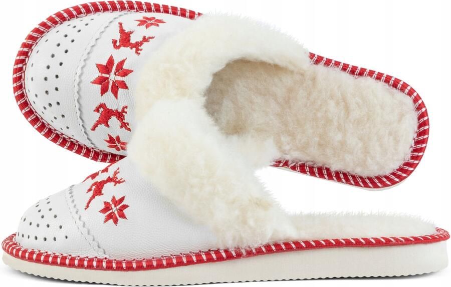 Tylbut Dames Pantoffels Leer Wol Wit Kerst Rendier Sneeuwvlok