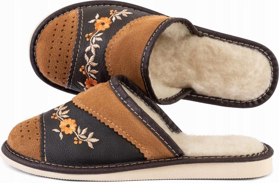 Tylbut Dames Pantoffels van Leer met Wol en Borduur Bruin