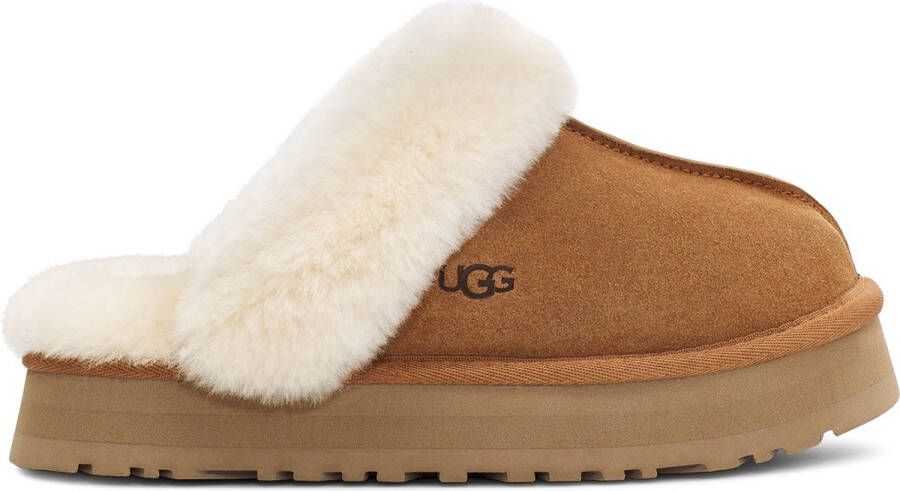 UGG Pantoffels Dames Sloffen Instappers Suède Harde zool Dichte hiel Disquette Cognac