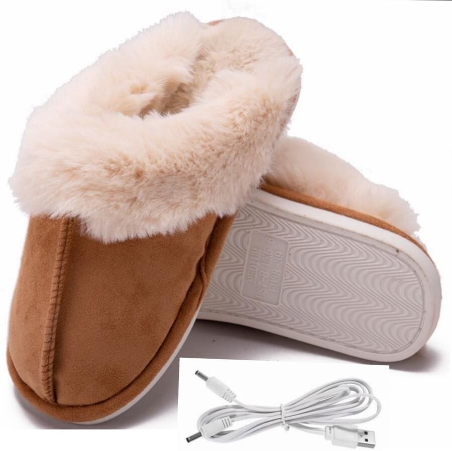 USB-verwarmde pantoffels Pluche pantoffels met traagschuim Voering van imitatie-schapenvacht Antisliprubberen zool Koffiebruin Warme winterpantoffels voor binnen en buiten Perfect kerstcadeau