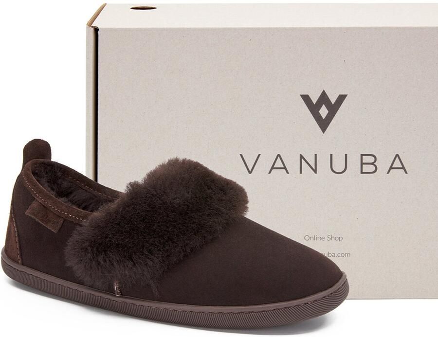 Vanuba Cormo Serie Lederen Dames Pantoffels Bruin Fleecevoering Handgemaakt