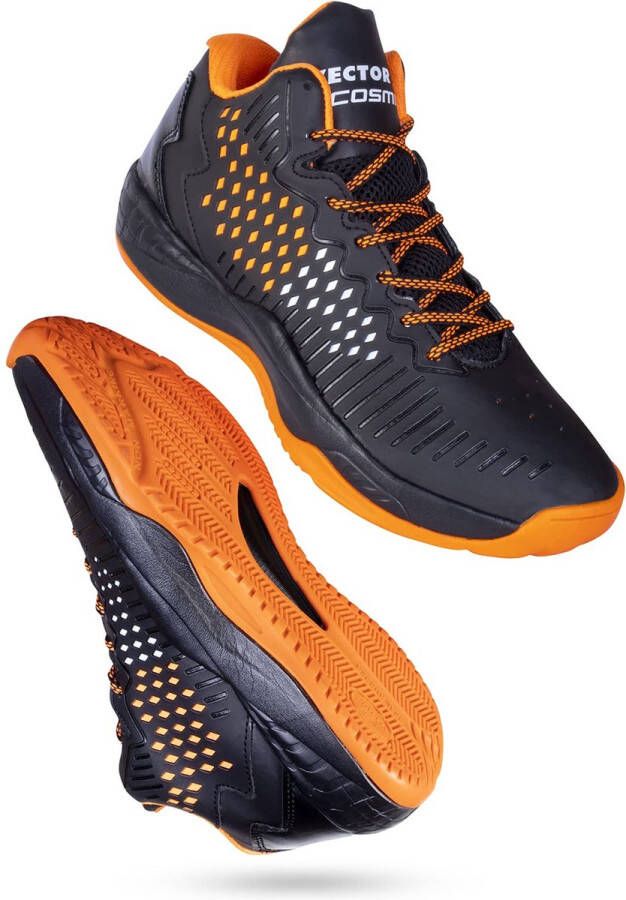 Vector X Cosmic Basketbalschoen voor Heren en Jongens (Zwart Oranje Materiaal: Synthetisch Leer Vetersluiting Voorgevormde Hiel