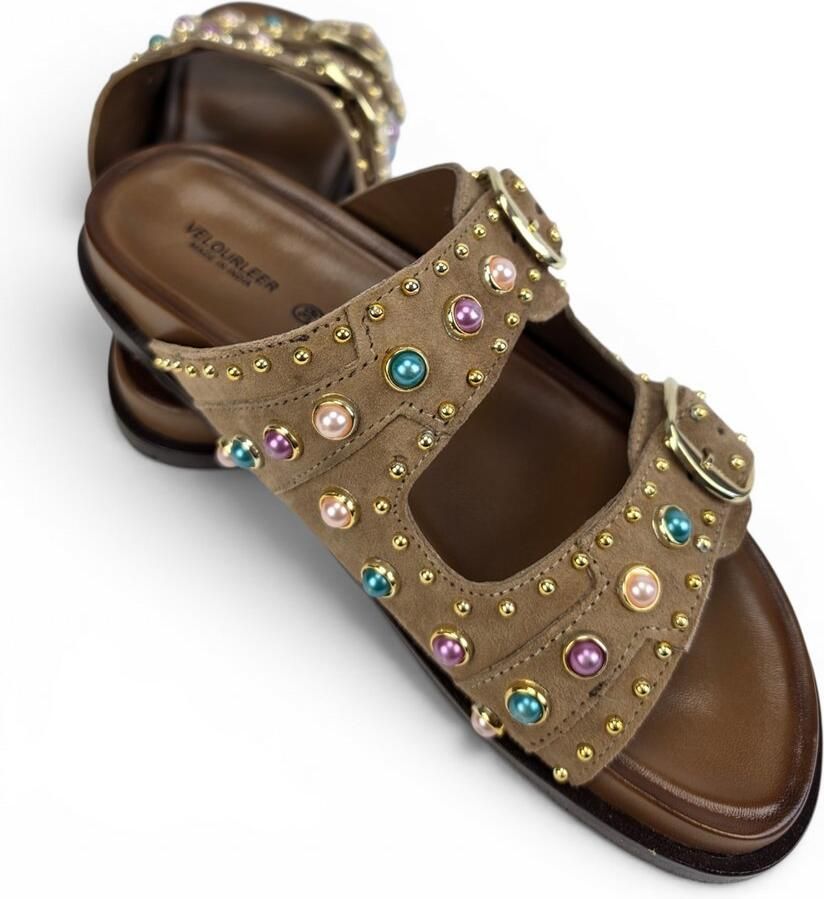 Velourleer Dames Muiltjes Luxe Slippers met Gekleurde Kralen & Goudkleurige Gespen Bruin - Foto 1
