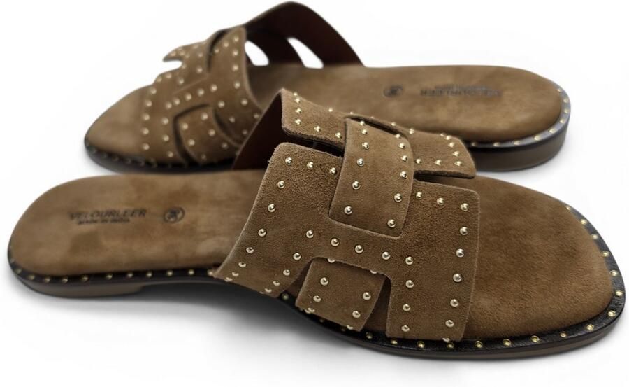 Velourleer Dames Muiltjes Suède Slippers met Studs Bruin Lente & Zomer Collectie