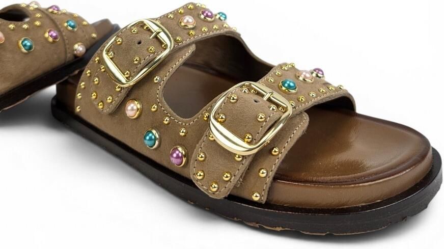 Velourleer Dames Sandalen Instappers met Gespen Parelmoer Details en Studs Bruin