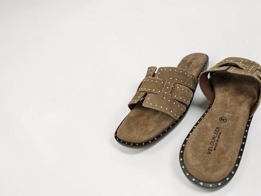 Velourleer Luxe Dames Slippers Handgemaakt van Premium Suède Leer met Studs Comfortabele Open Instappers Bruin - Foto 1