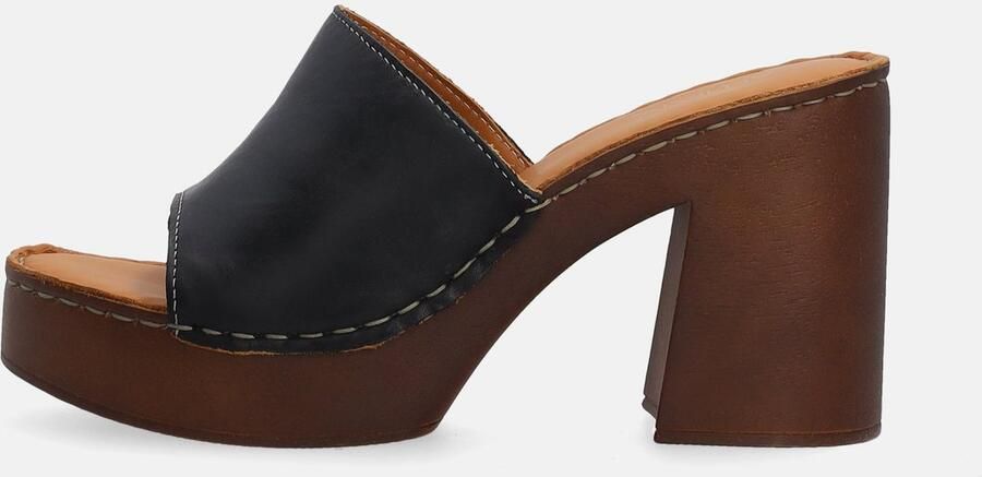 Venezia Dames Leren Slides Zwart Hoge Blokhak van