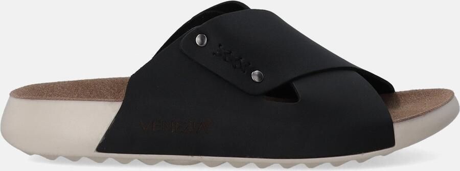 Venezia Dames Zwarte Leren Slippers