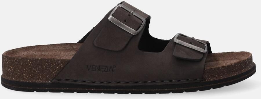 Venezia Heren Grijs Nubuck Slippers Dubbele Gesp