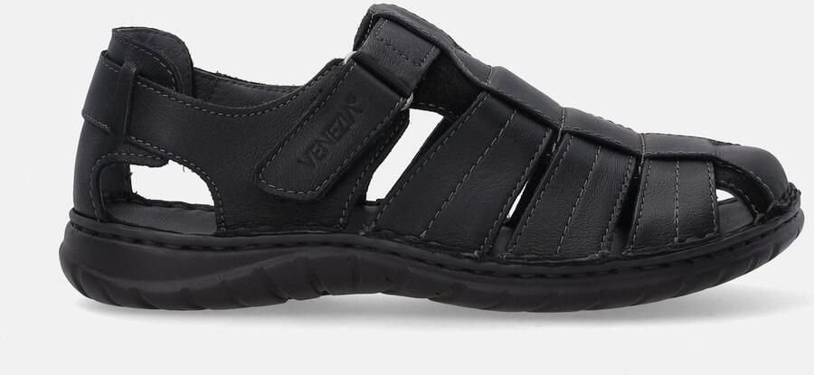 Venezia Heren Zwarte Leren Sandalen met Klittenband