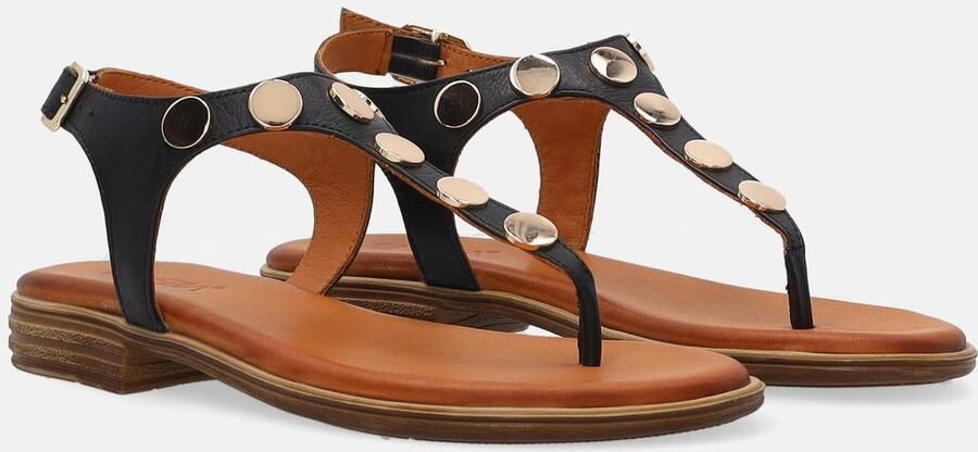 Venezia Zwarte Leren Sandalen Decoratieve Applicaties
