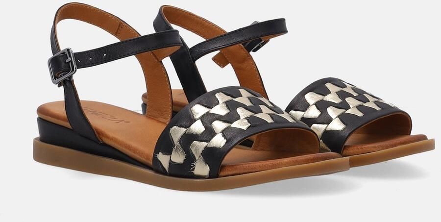 Venezia Zwarte Leren Sandalen Gevlochten Bovenwerk Sleehak van