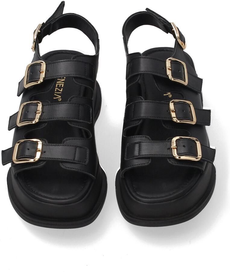 Venezia Zwarte Leren Sandalen Gespsluiting Sleehak