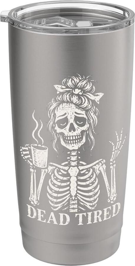 Vermoeidheid skelet koffie Halloween humor dubbelwandige thermobeker