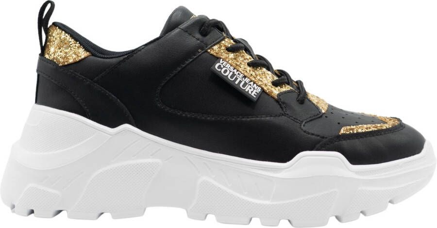 Versace Jeans Couture Zwarte leren damesschoenen met gouden glitter en rubberen zool Black Dames