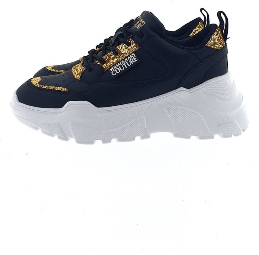 Versace Jeans Couture Zwarte leren damesschoenen met gouden glitter en rubberen zool Black Dames