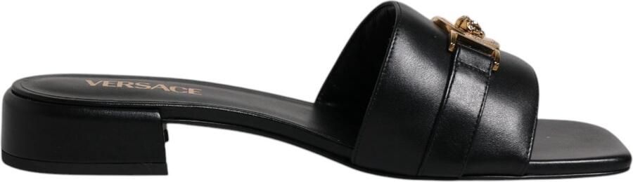 Versace Medusa Buckle Leather Slides Wo Black Flat Shoes