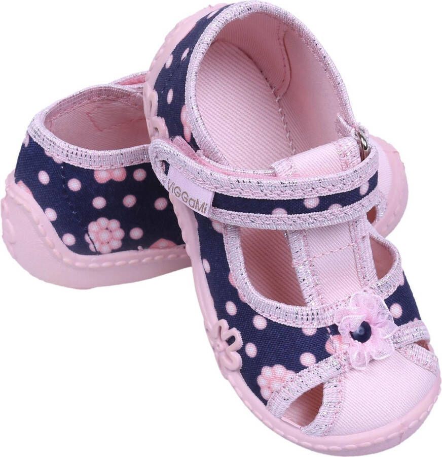 Vi-GGa-Mi Roze en marineblauwe sandalen pantoffels met bloemen vastgemaakt met klittenband MARYSIA DECORATION 24
