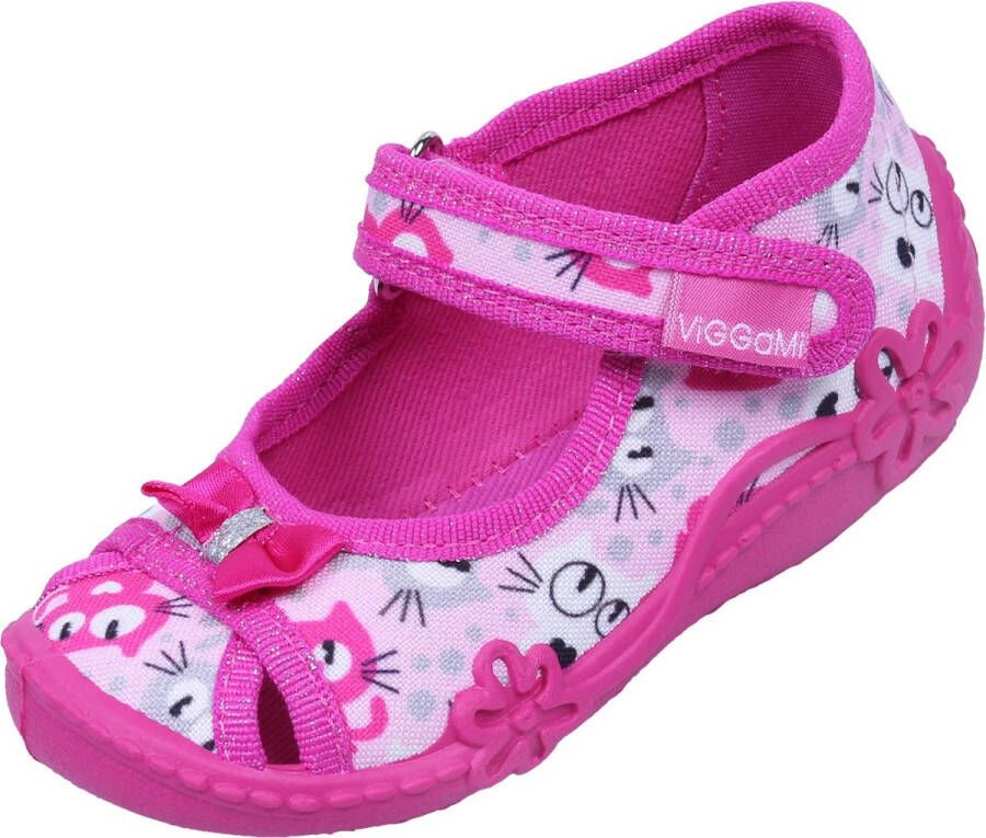 Vi-GGa-Mi Roze schoentjes meisjespantoffels met poesjes met klittenband ZULKA DRUK