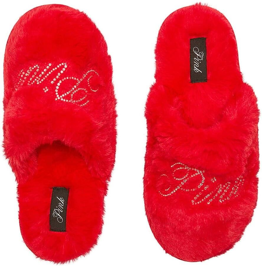Victoria's Secret PINK Rode Pluche Pantoffels met Zirkonia Maat S