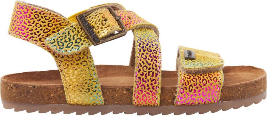 Vingino Melia leren sandalen met panterprint geel multi
