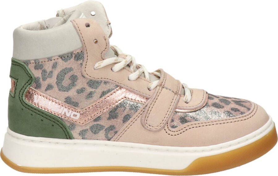 Vingino Senne Mid Velcro Premium hoge leren sneakers met panterprint roze