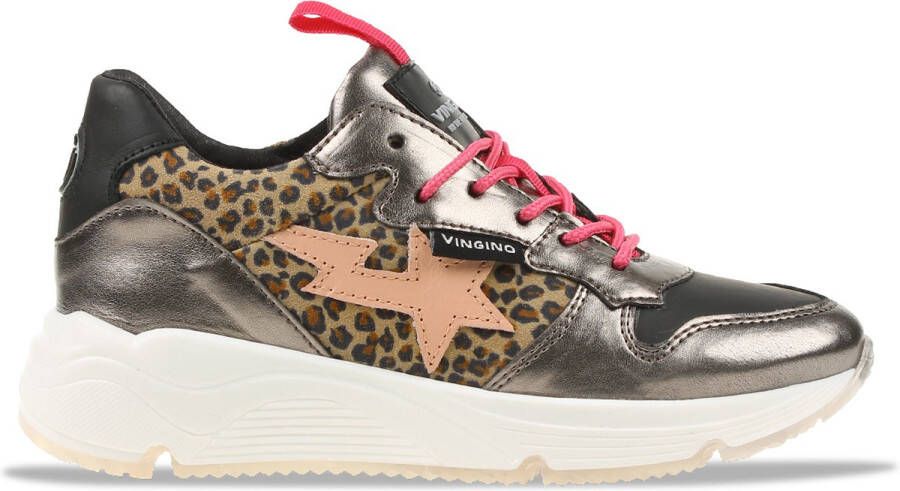 Vingino Zetta leren sneakers met panterprint roze metallic