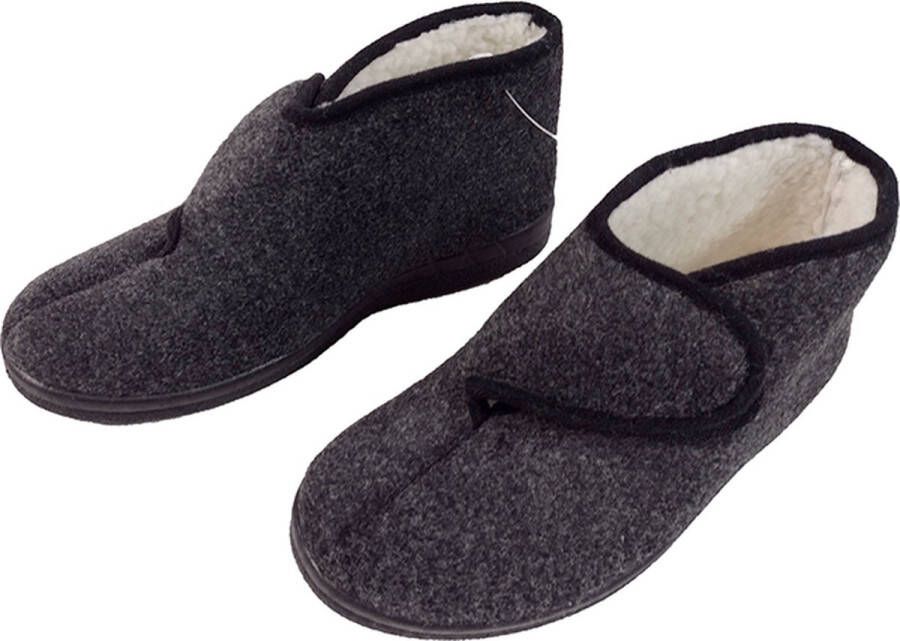 Viva Pantoffels hoge sloffen voor heren huisschoenen vilt met nepbont klittenbandsluiting antraciet grijs