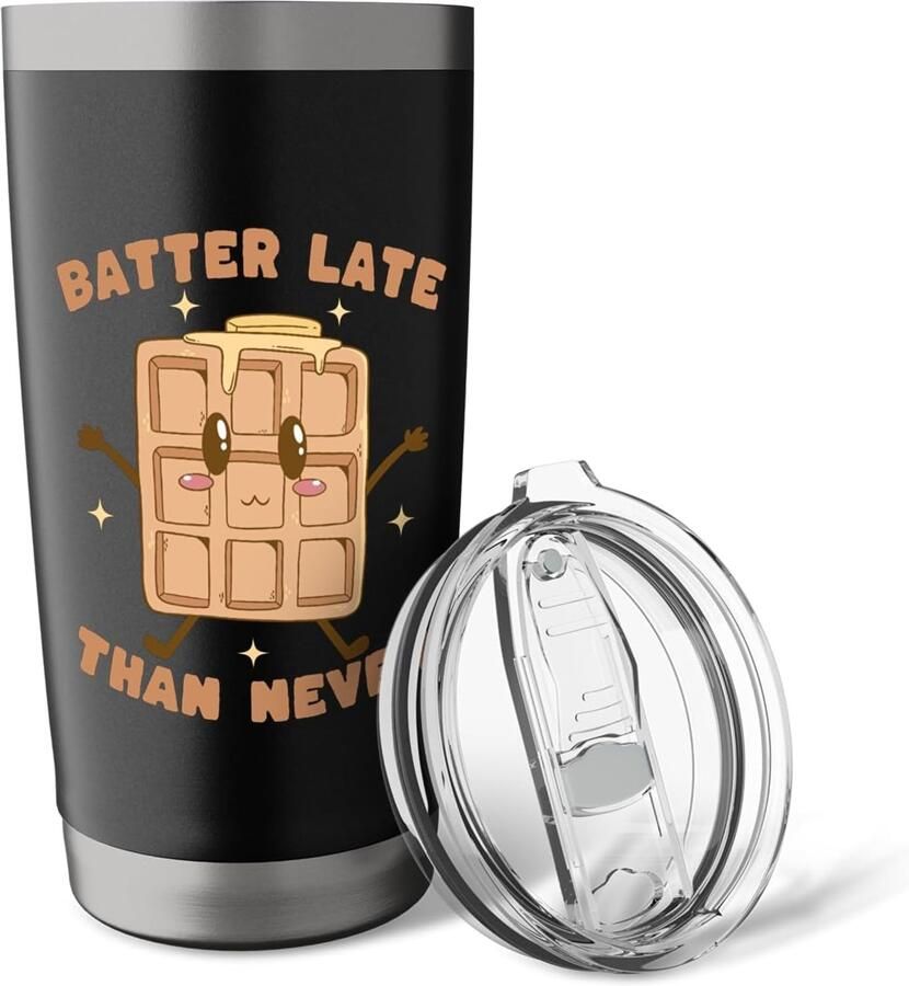 Wafels mix Late Than Never Wortspiel Dubbelwandige thermobeker