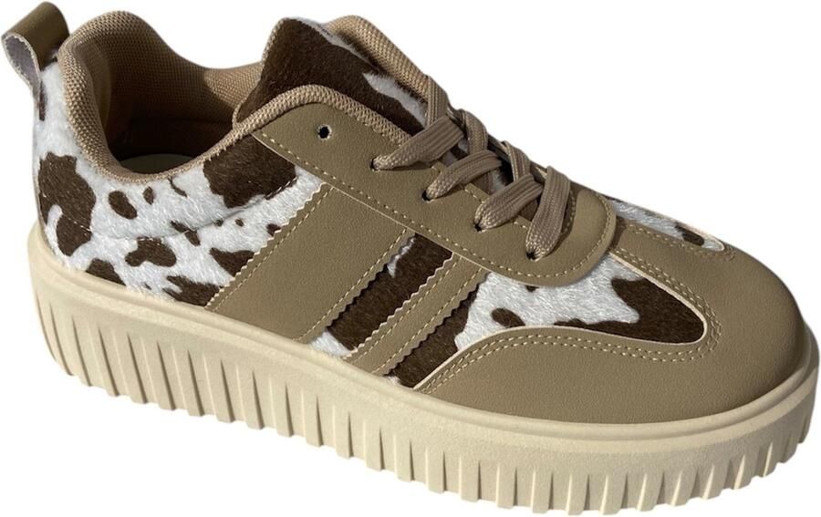Wali Dames Plateau Sneakers Beige Koeienprint