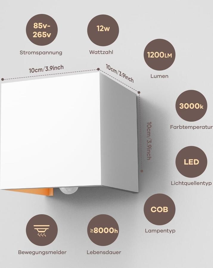 Wandlamp met bewegingssensor 12W instelbare lichtstraal 3000K IP65 voor binnen en buiten 1 stuks