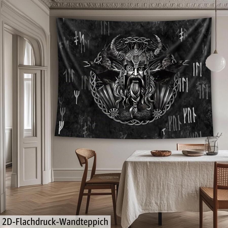Wandtapijt met Odin en raven runen en Vikingmotief 150 x