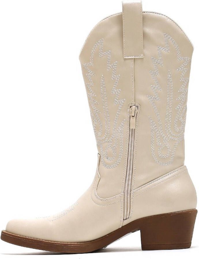 Goedkopeschoenen.com Smile Favorites Dames Cowboylaarzen met Hak Beige Imitatieleer
