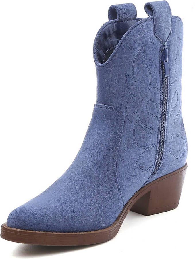 Goedkopeschoenen.com Smile Favorites Dames Cowboylaarzen met Hak Kort Blauw Suedine